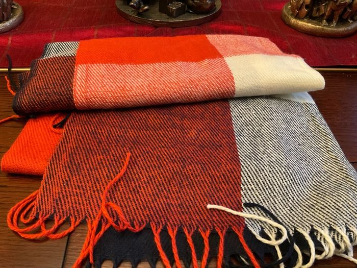 New warm and cosy scarf in shades of rust ,cream black and burnt orange