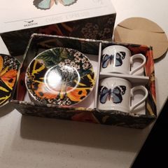 Magpie Biologica Ceramic Butterfly Espresso Set - 2 cups and matching saucers - Brand new
