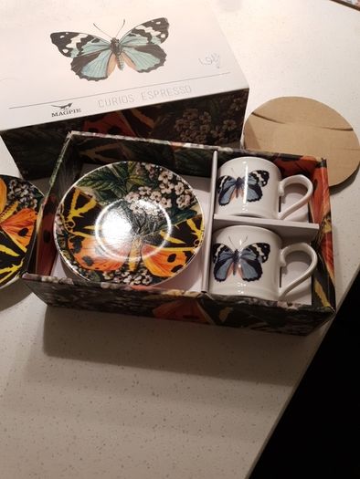 Magpie Biologica Ceramic Butterfly Espresso Set - 2 cups and matching saucers - Brand new