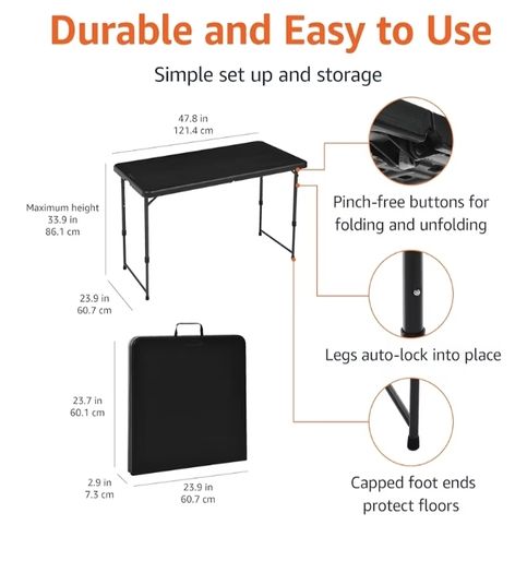 4 Foot Rectangular Folding Table, 4 Adjustable Height Settings with Carrying Handle, Indoor & Outdoor, Portable, Lightweight, Travel Table, Picnic, Camping, Black, 121.4 x 60.7 x 86.1 cm