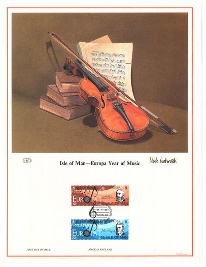 1985 Isle of Man Limited Edition Lithographed Print measuring 333mm X 257mm showing Europa (European Music Year) Commemorative Stamp with First Day of Issue Cancel