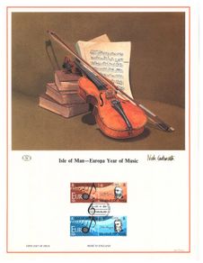 1985 Isle of Man Limited Edition Lithographed Print measuring 333mm X 257mm showing Europa (European Music Year) Commemorative Stamp with First Day of Issue Cancel