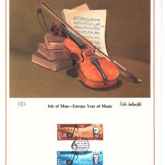 1985 Isle of Man Limited Edition Lithographed Print measuring 333mm X 257mm showing Europa (European Music Year) Commemorative Stamp with First Day of Issue Cancel