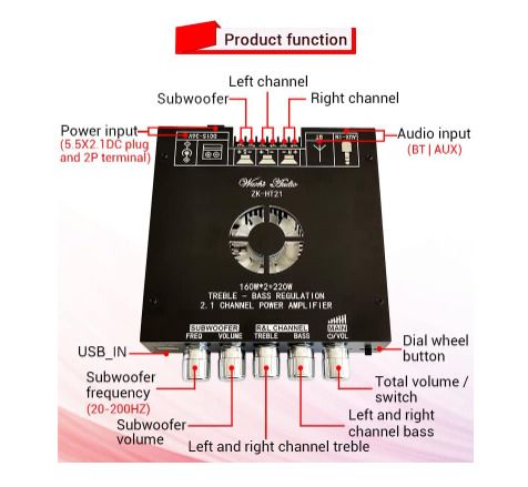WANGCL 2 x 160W + 220W 2.1 Channel TDA7498E ZK-HT21 Bluetooth Digital Power Amplifier Module High and Low Tone Subwoofer