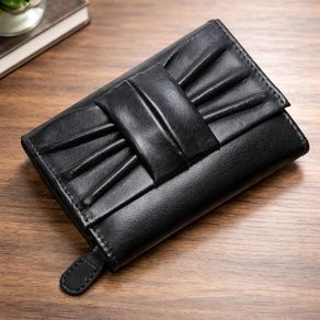 Premium Genuine Leather Wallet for Women Stylish Black Clutch Wallet with Button Closure