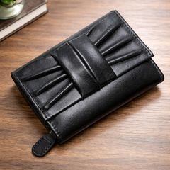 Women Black Leather Wallet Compact Ladies Clutch Purse Card Holder Wallet for Women
