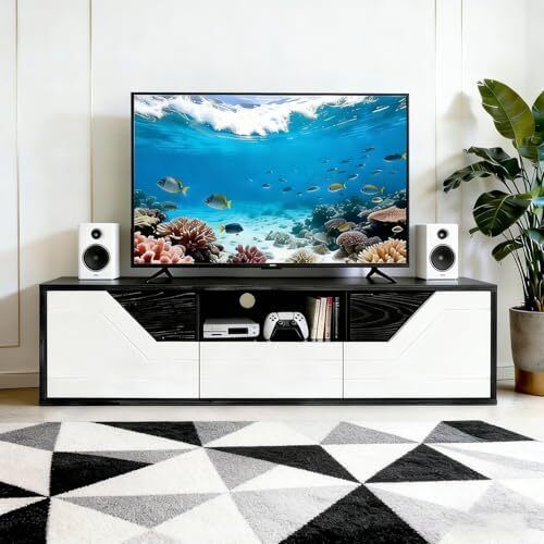 TV Lowboard Standing 120 cm, TV Cabinet with 2 Doors, TV Board for TVs up to 50 Inches, TV Cabinet with Drawer and Open Compartment for Living Room and Bedroom, Black and White
