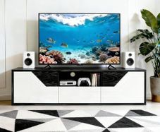 TV Lowboard Standing 120 cm, TV Cabinet with 2 Doors, TV Board for TVs up to 50 Inches, TV Cabinet with Drawer and Open Compartment for Living Room and Bedroom, Black and White