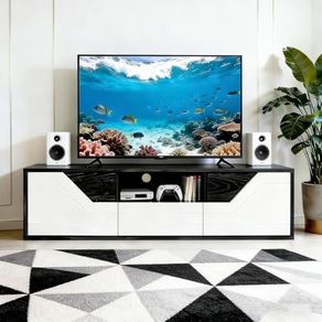 TV Lowboard Standing 120 cm, TV Cabinet with 2 Doors, TV Board for TVs up to 50 Inches, TV Cabinet with Drawer and Open Compartment for Living Room and Bedroom, Black and White
