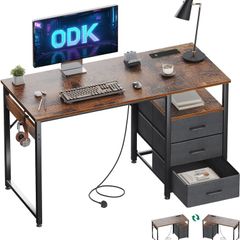 120cm Computer Desk with Drawers,Office 2 Sockets & USB Ports, Reversible PC Table with Storage, Study Table for Home & Bedroom, White