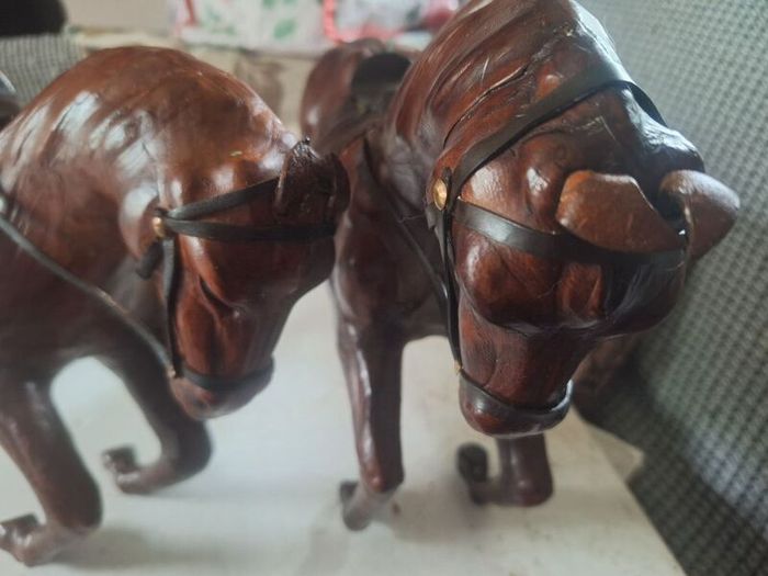 Vintage 1950s/60s Carved Wood wrapped in leather horses