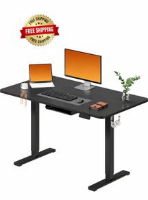 Electric Standing Desk 110 x 54 One Piece Height Adjustable Desk With Memory Smart Panel Sit Stand Table With Hooks for Home Office, Dark Black