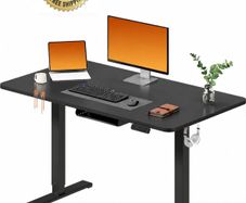Electric Standing Desk 110 x 54 One Piece Height Adjustable Desk With Memory Smart Panel Sit Stand Table With Hooks for Home Office, Dark Black