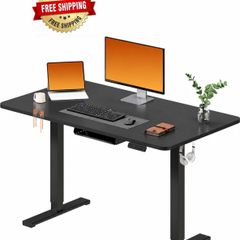 Electric Standing Desk 110 x 54 One Piece Height Adjustable Desk With Memory Smart Panel Sit Stand Table With Hooks for Home Office, Dark Black