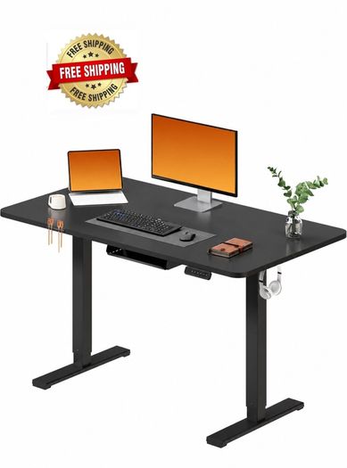 Electric Standing Desk 110 x 54 One Piece Height Adjustable Desk With Memory Smart Panel Sit Stand Table With Hooks for Home Office, Dark Black