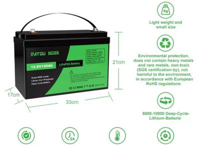 12V 100Ah LiFePO4 Portable Deep Cycle Battery, Built-in Intelligent BMS & 10000+ Cycles for RV Applications