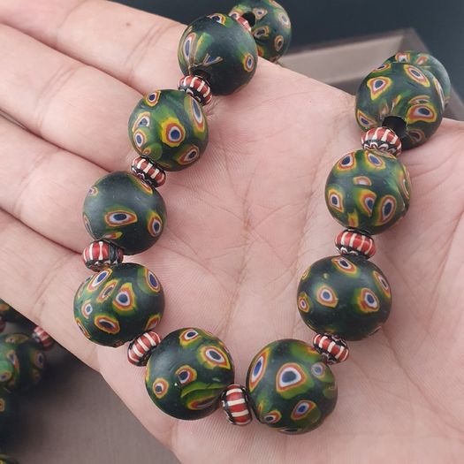 Antique Venetian Style Gabri Eyes & Chevron Glass Beads Necklace Strands