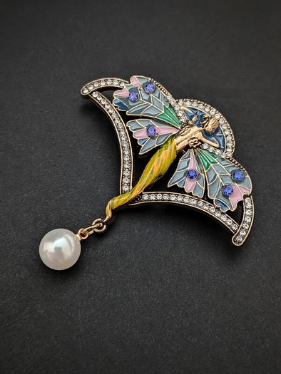 Art Nouveau Vintage Style Angel Lady Wings Fairy Pearl Brooch Pin