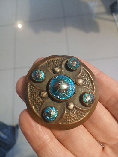 Antique arts and crafts copper brooch, Ruskin style ,foiled glass cabochons.c.1900 _1920