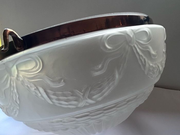 Vintage Art Deco Fluted White Opaque Glass and Copper Ceiling Light