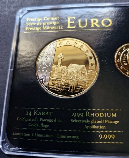 Prestige Ireland .999 Rhodium and 24k Gold Plated Coin Set 2002 + Proof Medal UNC Only 9,999 Set's