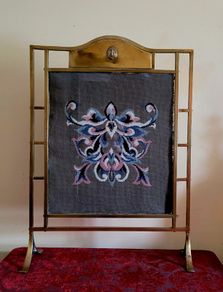 Art noveau brass firescreen & fireside set