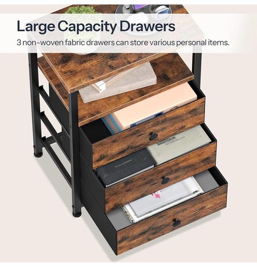 Bedside Table with Charging Station, End Table with 3 Fabric Drawers, Sofa Side Table with USB Ports and Socket, Nightstand for Bedroom, Living Room, Rustic Brown and Black