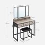 Dressing Table with Padded Stool, Dressing Table with Triple Mirror, 3 Drawers, Hair Dryer Holder, Cosmetic Table, Modern Style, Greige-Black Image 2