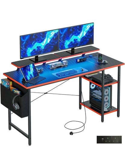 Gaming Desk with LED Lights & Power Outlets, Reversible