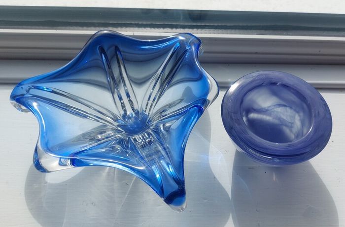 Fabulous Pair of Two Vintage Small Hand-Blown Art Glass Pieces in Shades of Bright Blue and Cornflower Blue, Sold as a Pair