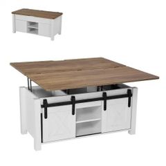 1000 mm Farmhouse Lift Top Coffee Table, Rustic Center Table with Barn Door and Hidden Storage Compartment, Modern Rectangle Lifting