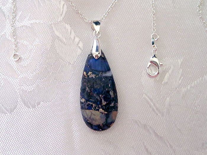 Gemstone Small  Drop Blue Faux Agate Pendant with silver plated necklace