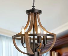 Farmhouse Chandelier,Vintage 4-Light Hanging Pendant Light Height Adjustable,Rustic Metal Ceiling Light in Faux Wood Grain Color for Dining Room Kitchen Foyer Hallway Entryway Bedroom Closet.