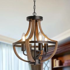 Farmhouse Chandelier,Vintage 4-Light Hanging Pendant Light Height Adjustable,Rustic Metal Ceiling Light in Faux Wood Grain Color for Dining Room Kitchen Foyer Hallway Entryway Bedroom Closet.