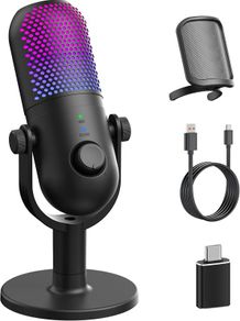 USB Microphone for PC Gaming: Condenser Microphone RGB with Stand Mic - Recording Mic for Computer & Laptop with Quick Mute - Desk Podcast Mic for Podcast & Singing & Streaming & Youtube Black