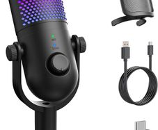 USB Microphone for PC Gaming: Condenser Microphone RGB with Stand Mic - Recording Mic for Computer & Laptop with Quick Mute - Desk Podcast Mic for Podcast & Singing & Streaming & Youtube Black