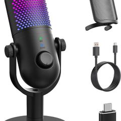 USB Microphone for PC Gaming: Condenser Microphone RGB with Stand Mic - Recording Mic for Computer & Laptop with Quick Mute - Desk Podcast Mic for Podcast & Singing & Streaming & Youtube Black