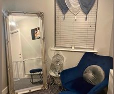 Blue Velvet Accent Chair & Matching Footstool