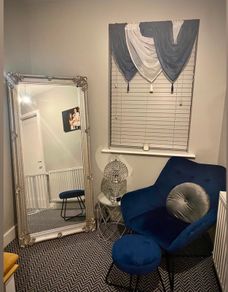 Blue Velvet Accent Chair & Matching Footstool
