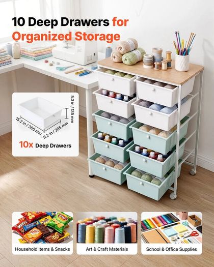 Rolling Cart with Drawers, Double Row 10 Drawer Storage Organizer, Mobile Utility Cart, Wood Top, Steel Frame