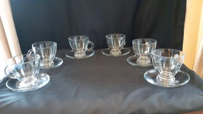 6 Glass Cups with Oval Saucers