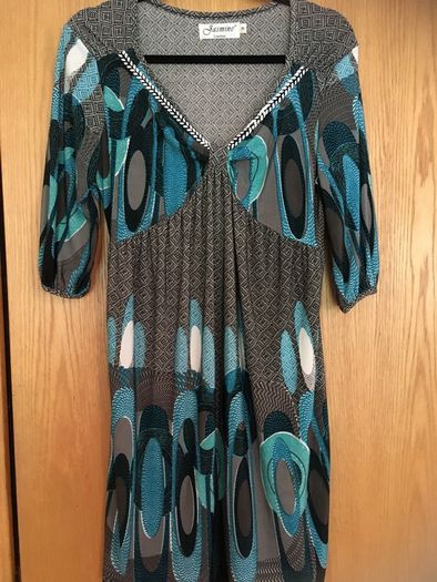 JASMINE LONDON Retro Print Dress   Teal Empire Style Top