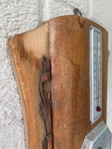 Vintage French Wall Barometer & Thermometer. Mid-Century Rustic Weather Station