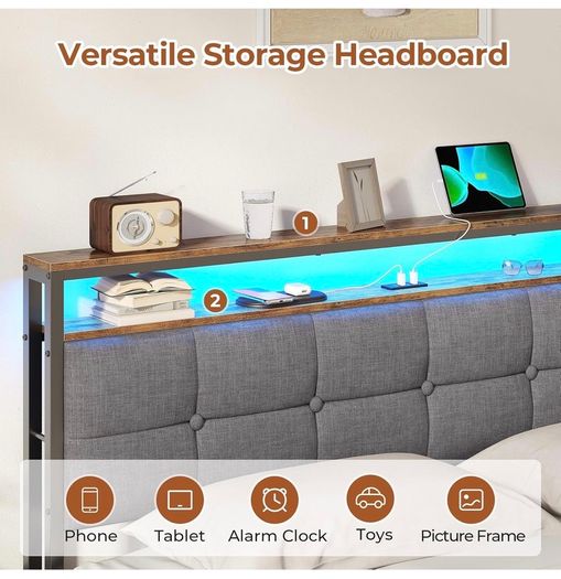 King Size Bed Frame 150x200 with Storage Upholstered Bed Frame with LED Lights & Charging Station Upholstered Storage Headboard/Under Bed Storage Noise Free