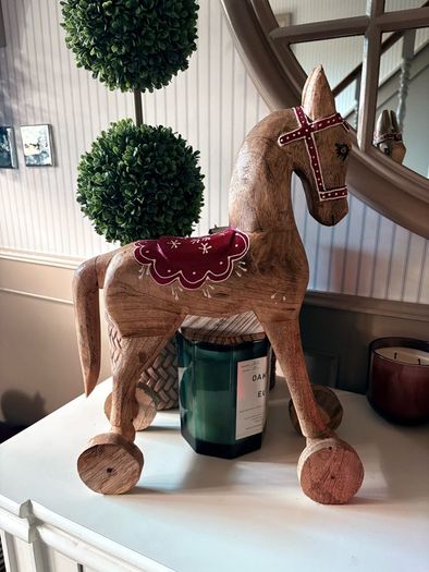 New vintage inspired 45cm high hand carved horse on wheels with washed wood finish