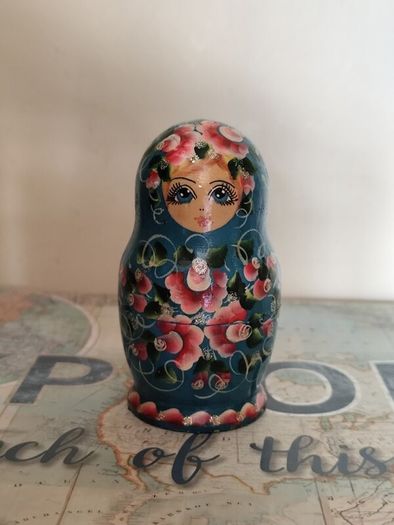 Vintage Hand-Painted Matryoshka Nesting Dolls - Teal & Floral (Set of 5)