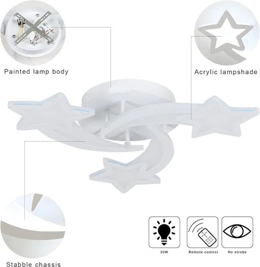 Dimmable LED Ceiling Lights, 30W Modern Acrylic Ceiling Lamp, 3-Star Shape Chandelier Lighting Fixture with Remote Control for Children Room Living Room Bedroom Kitchen, Diameter 53cm