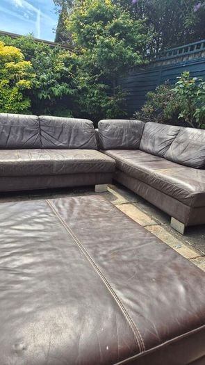 Premium Dark Brown Leather Corner Sofa & Matching Storage Ottoman