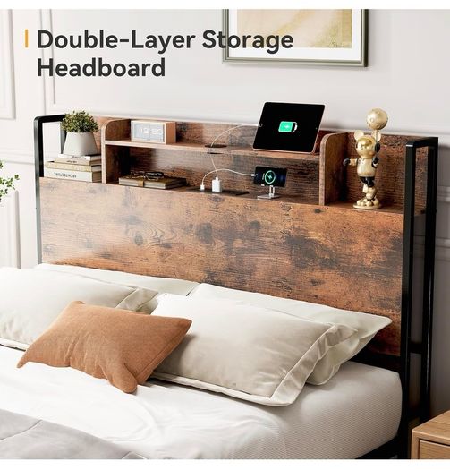 Double Bed Frame with Charging Station(2AC, 2USB) and LED, 135x190 Open Storage Shelves, Wooden Headboard, Metal Small Double Bed Frame with Underbed Storage, Strong Metal Slat Support