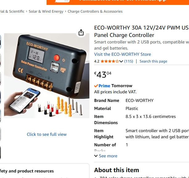 ECO-WORTHY 30A 12V/24V PWM USB Solar Panel Charge Controller